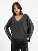 Glitz Split Cuff V Neck Cashmere Knit - Derby Grey