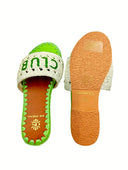 Tennis Club Raffia Slide - Green/Off White