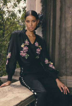 Once Was Catalina Embroidered Cotton Silk Blouse In Black Flores